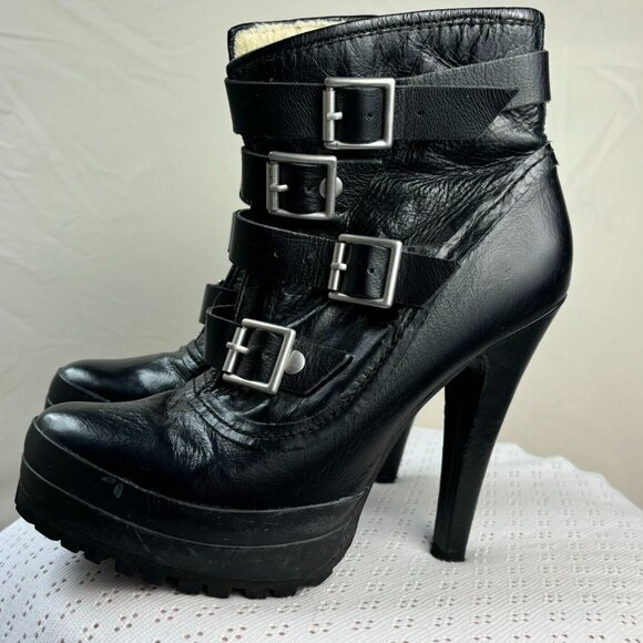 Steve Madden Size 8 Black Leather Ankle High Platform‎ Heel Boots - Picture 2 of 5